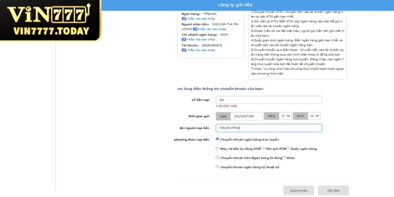 Chọn phương thức công ty gửi tiền vào VIN777